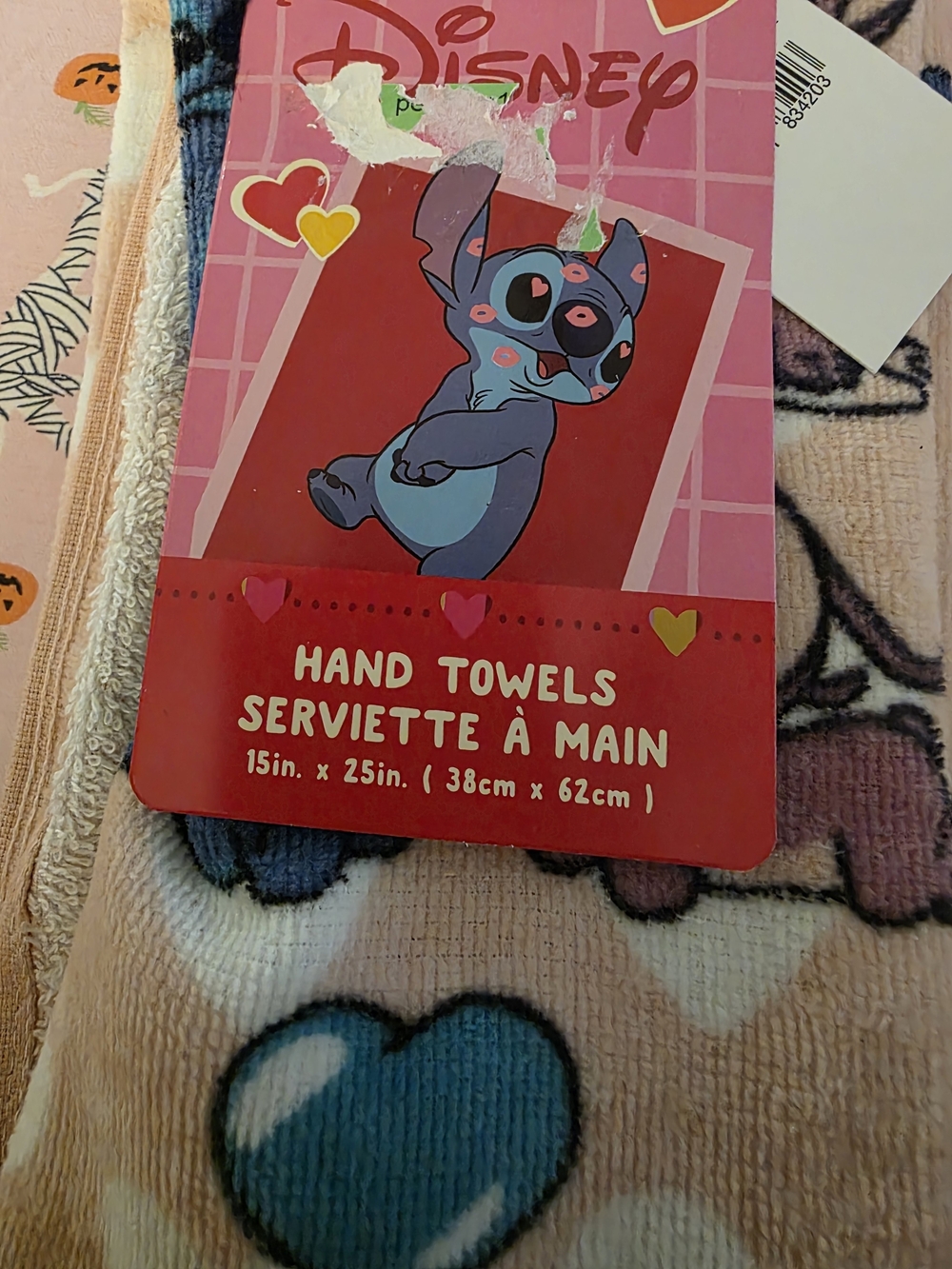 Disney Hand Towel - Lilo And Stitch Pink & Blue Heart Design